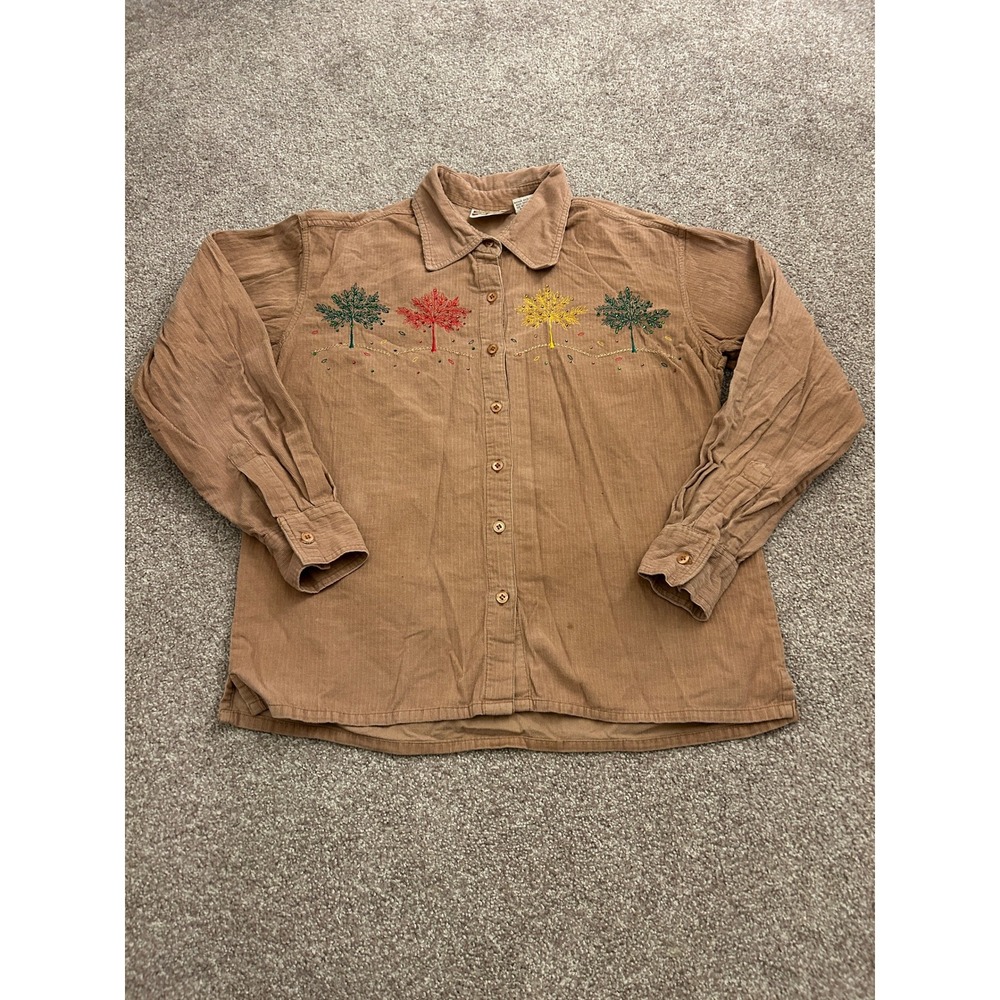 Decorated Originals Corduroy Shirt Women Small Tan Excellent Embroidered Trees